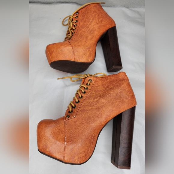 VINTAGE BRAND Orange Lave-Up Platform Heeled Ankle Booties. Size: 6.5 - Picture 5 of 10